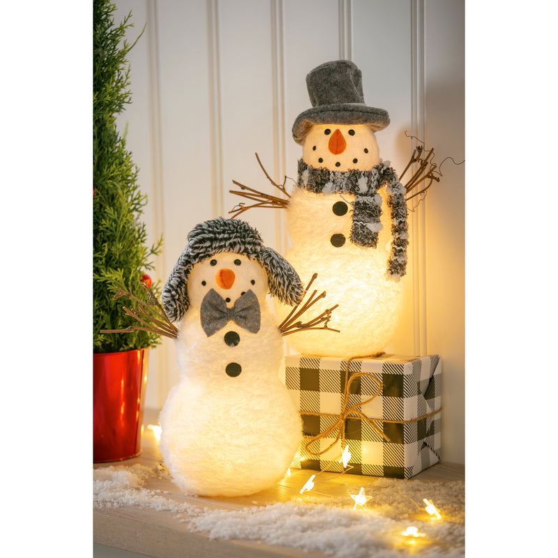 LED Fabric Snowman with Grey Hats Tabletop Décor, 2 Asst,8led527