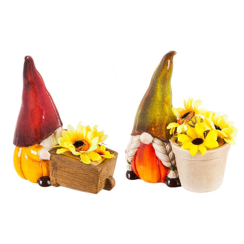 LED Terracotta Gnomes with Sunflower, 2 Asst, 6.69"x3.94"x8.07"inches
