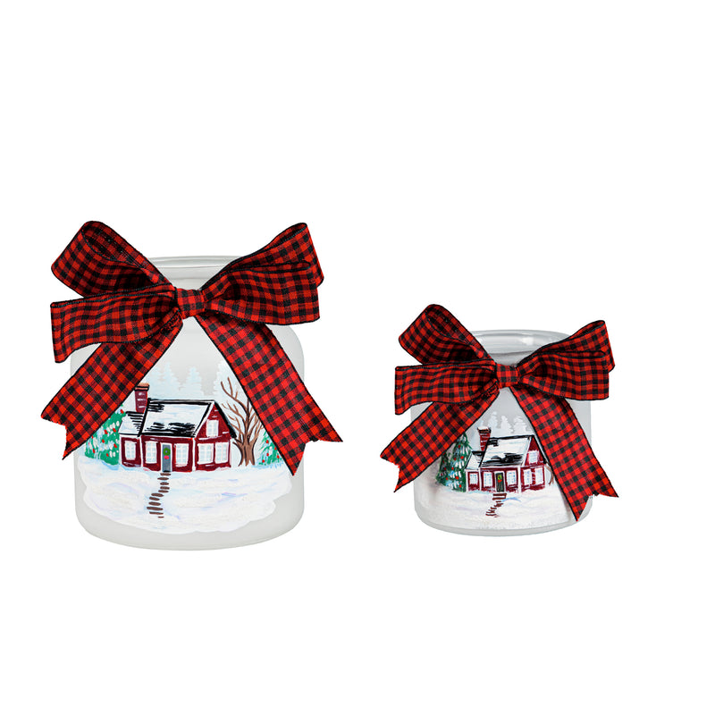 Glass LED Jar with Holiday House Scene, Set of 2,8led600