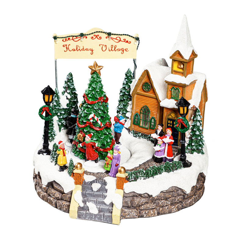 LED Polyresin Holiday Village Animated Musical Table Decor, 8.5"x7.5"x9.5"inches
