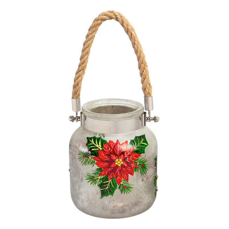 Glass Handpainted Poinsettia LED Jar withrope Handle, 5.5'' x 5.5'' x 6.5'' inches