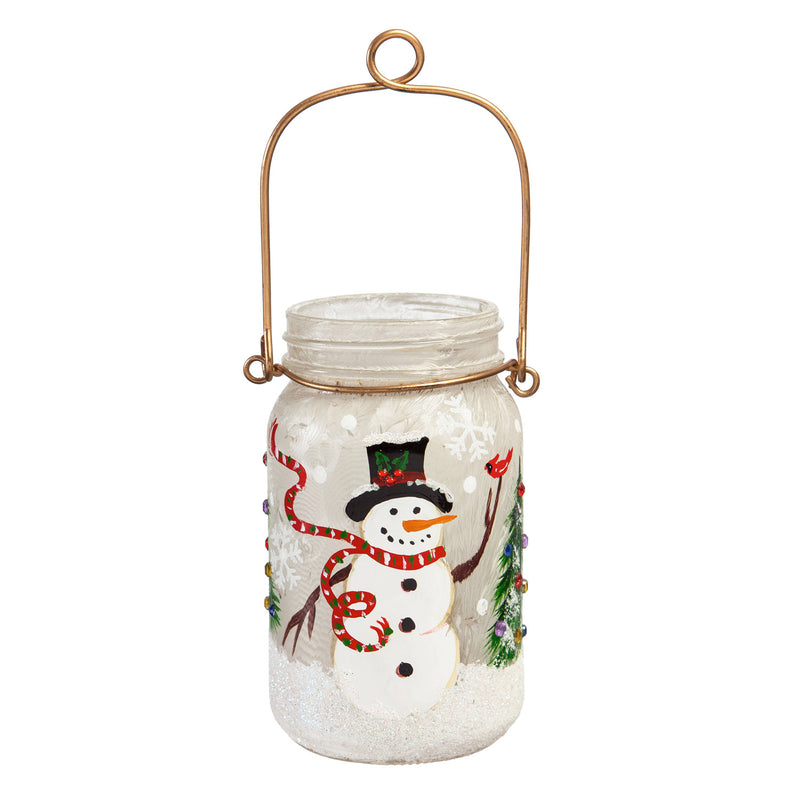 Glass Handpainted Snowman and Cardinal LED Mason Jar,8led7186c