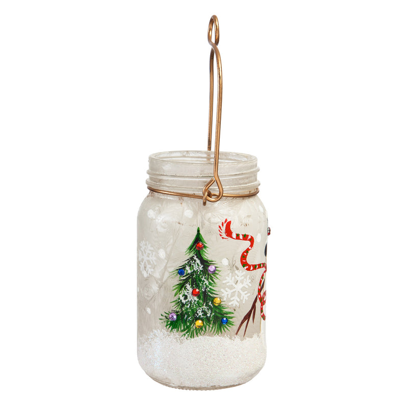 Glass Handpainted Snowman and Cardinal LED Mason Jar,8led7186c