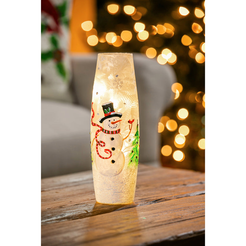 Glass Handpainted Snowman and Cardinal LED Cylinder