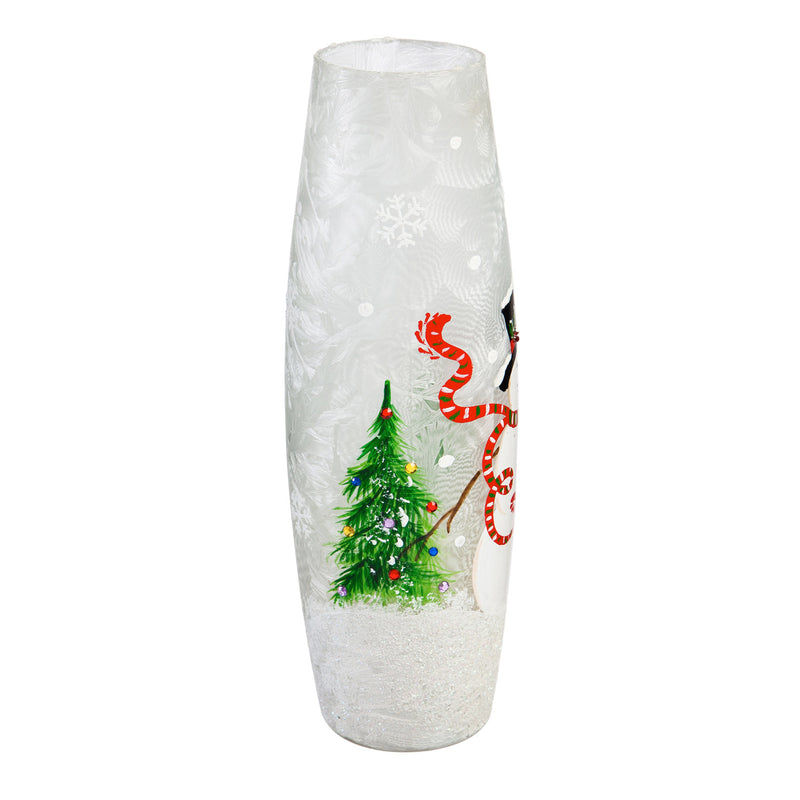 Glass Handpainted Snowman and Cardinal LED Cylinder