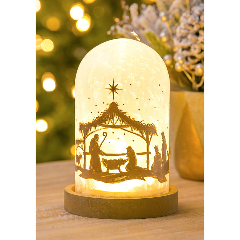 Glass Handpainted Nativity LED Cloche w/ Wooden Base