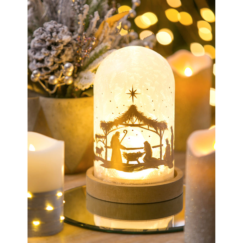 Glass Handpainted Nativity LED Cloche w/ Wooden Base