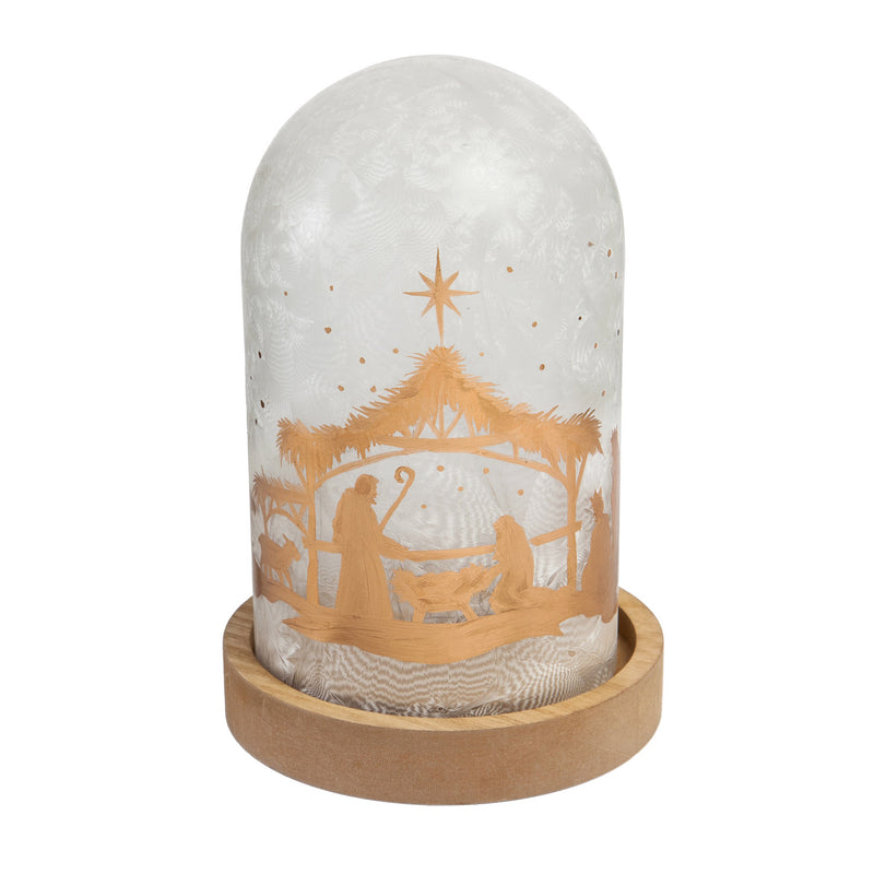 Glass Handpainted Nativity LED Cloche w/ Wooden Base