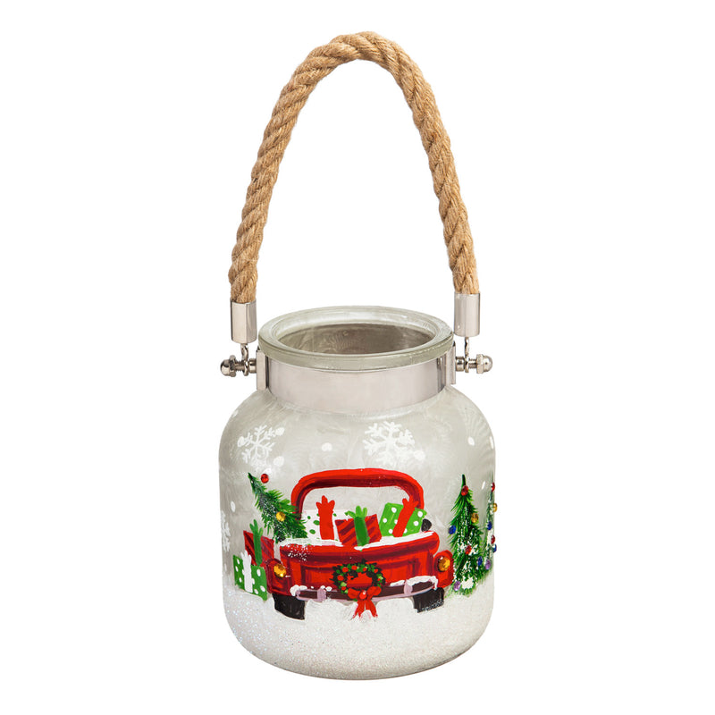 Evergreen Enterprises Glass Handpainted Holiday Travel LED Jar withRope Handle, 5.5'' x 5.5'' x 6.5'' inches