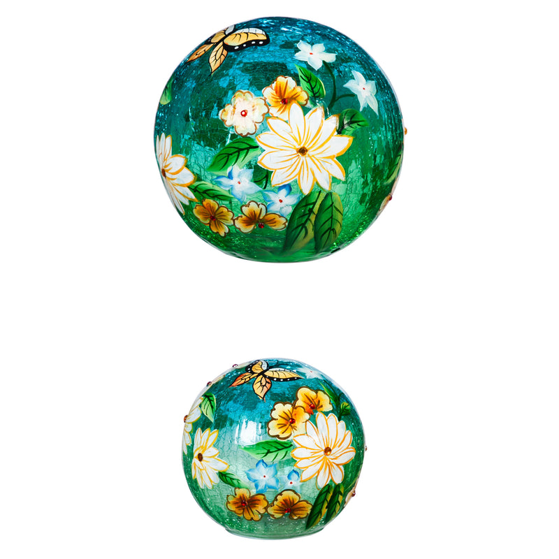 Glass Handpainted Floral Butterfly LED Globe with Crackle, Set of 2, 7'' x 7'' x 7'' inches