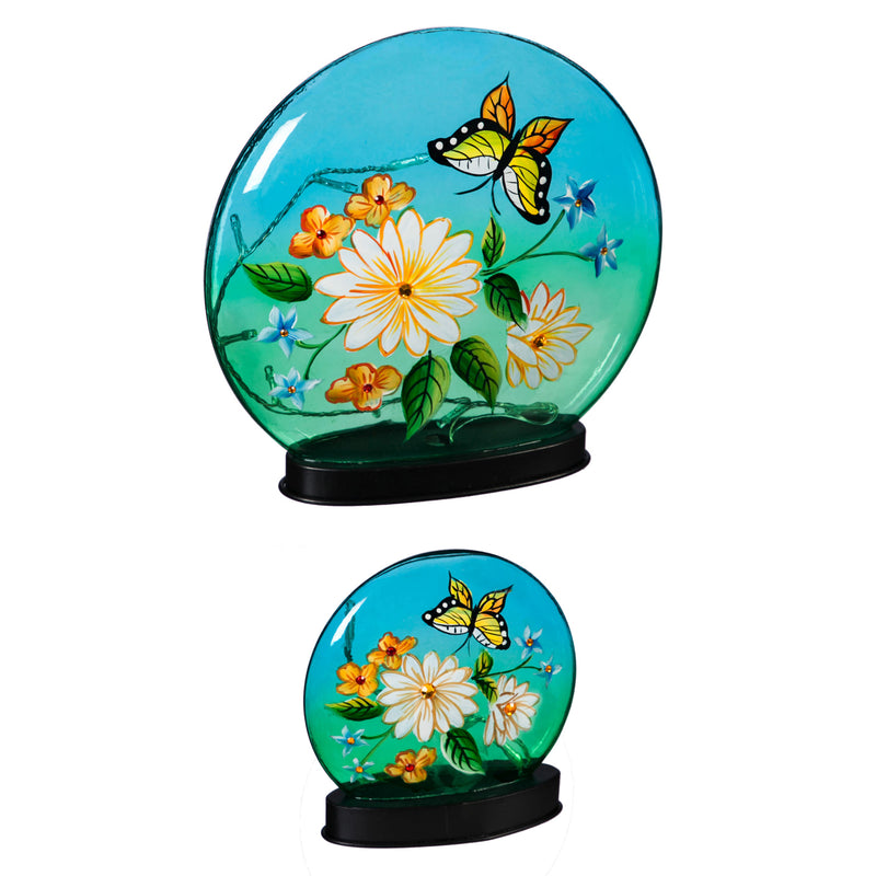 Glass Handpainted Floral Bird LED Disc with Crackle Design, Set of 2,8led7482b