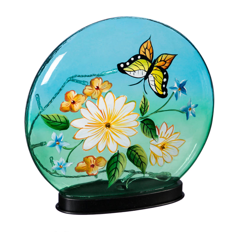 Glass Handpainted Floral Bird LED Disc with Crackle Design, Set of 2,8led7482b