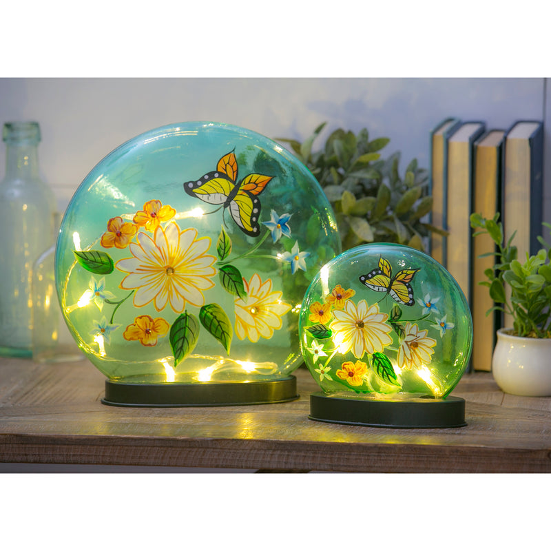 Glass Handpainted Floral Bird LED Disc with Crackle Design, Set of 2,8led7482b