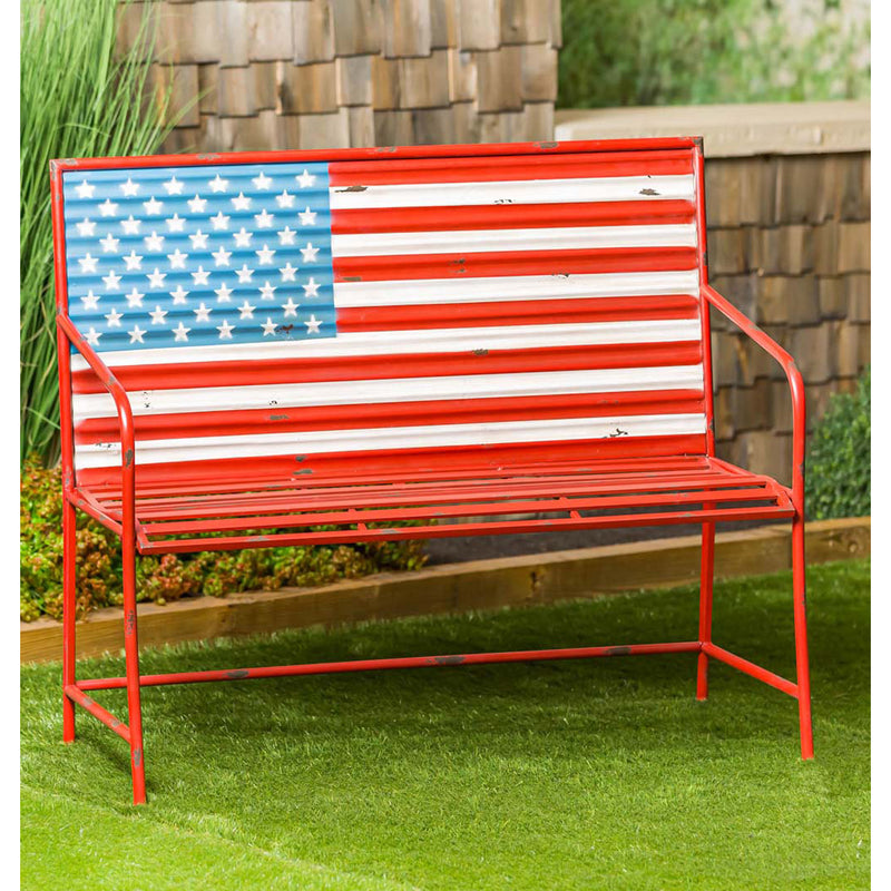 Evergreen Deck & Patio Decor,American Flag Corrugated Metal Bench,42.2x20.1x35.5 Inches