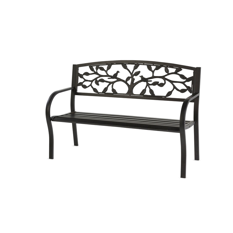 Evergreen Deck & Patio Decor,Tree of Life Metal Garden Bench - Black,50x21x33.6 Inches