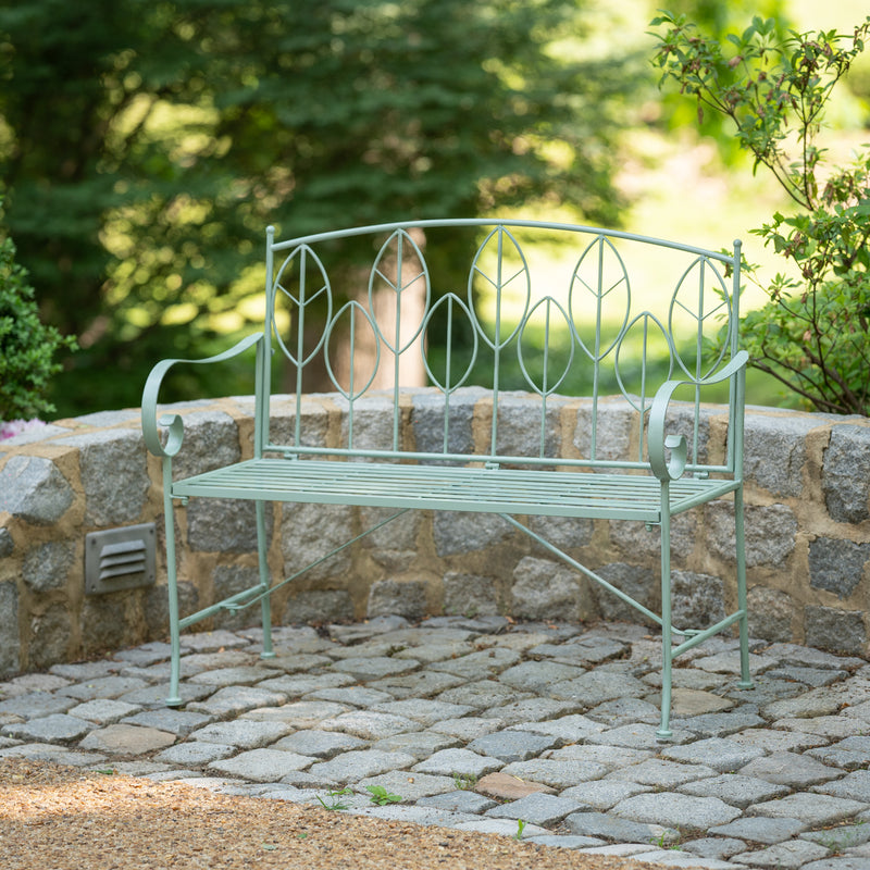 Evergreen Deck & Patio Decor,Sage Leaf Metal Garden Bench,41.73x21.26x35.63 Inches