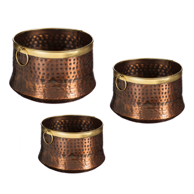 Wells Antique Copper and Brass Planters, Set of 3, 13"x13"x8.25"inches