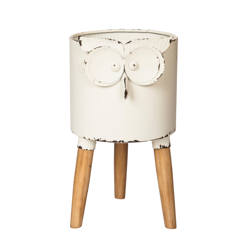 Metal Owl Planter With Wooden Stand, 7.09"x7.09"x12.21"inches