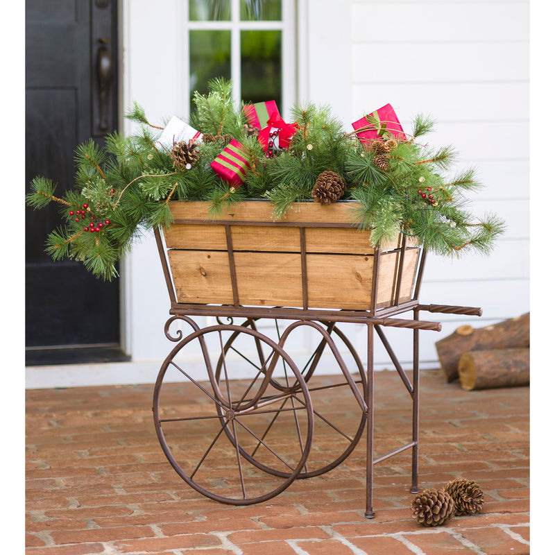 Wooden Wagon Planter/Drink Holder with Wheels, 26.25"x11.88"x26.5"inches