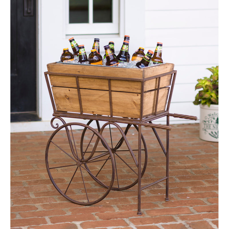 Wooden Wagon Planter/Drink Holder with Wheels, 26.25"x11.88"x26.5"inches