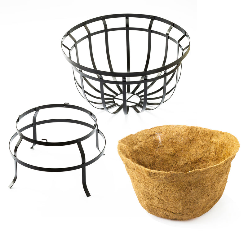Evergreen Deck & Patio Decor,Footed Metal Basket Planter with Coco Liner,22.25x22.25x18 Inches