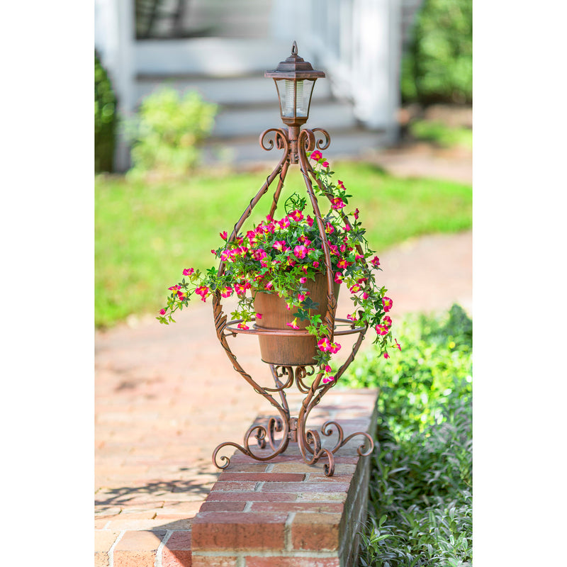 Antiqued Wrought Iron Plant Stand with Solar Light, 17.7"x17.7"x39.75"inches