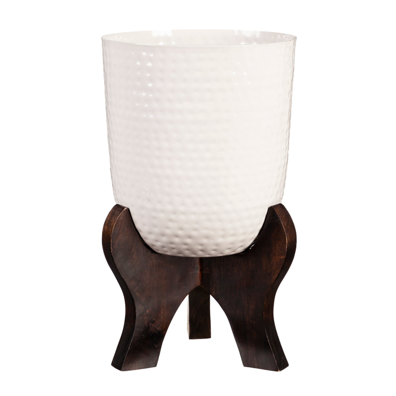 White Metal Planter with Wooden Legs, Set of 2,8pmtl306
