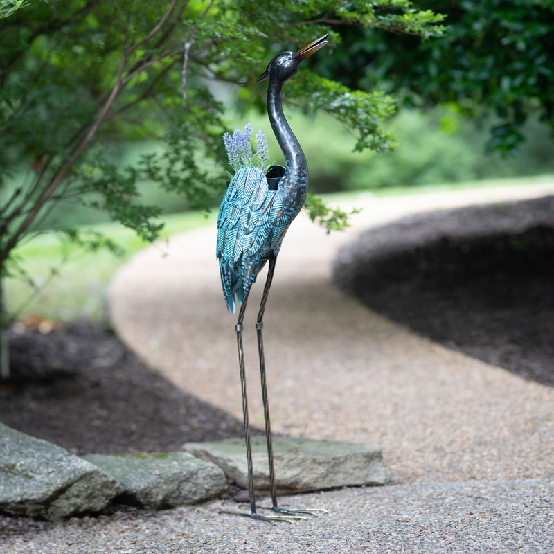 Evergreen Deck & Patio Decor,Blue Heron Metal Garden Planter,6.89x9.06x36.61 Inches