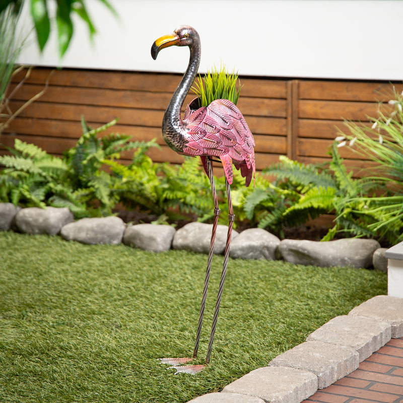 Evergreen Deck & Patio Decor,Pink Flamingo Metal Garden Planter,6.69x10.24x32.68 Inches