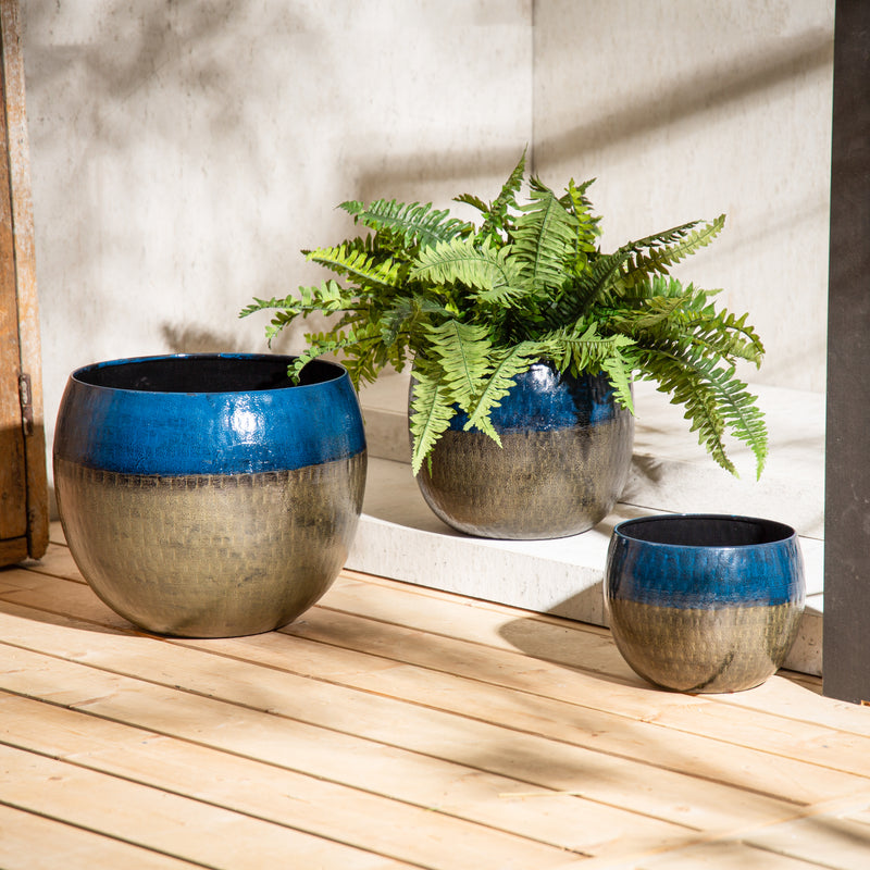 Evergreen Deck & Patio Decor,Two-Tone Dark Blue and Gray Round Metal Planter, Set of 3,13.75x13.75x13 Inches