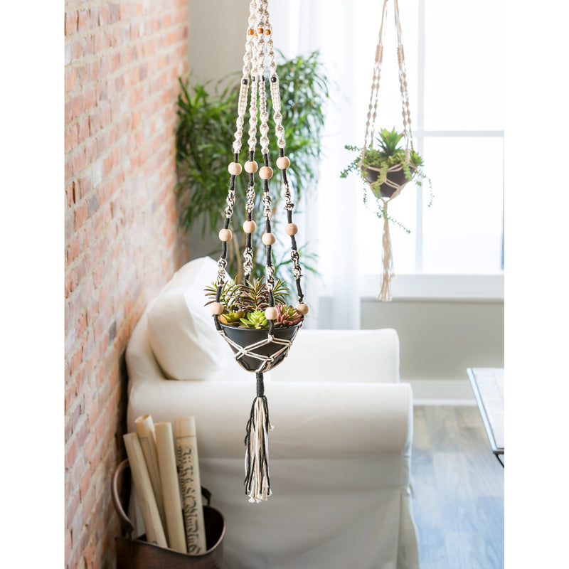 Black and Ivory Macrame Hanging Planter 2 Asst, 7"x7"x47"inches