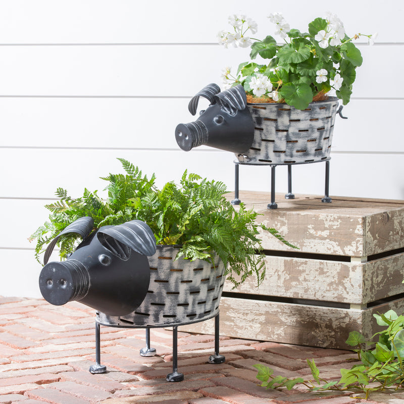 Evergreen Deck & Patio Decor,Rustic Pig Planter, Set of 2,22.25x11.5x12.25 Inches