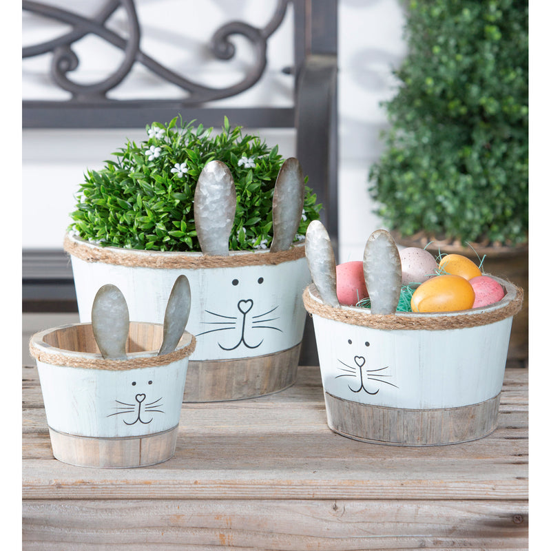 Evergreen Deck & Patio Decor,Wood Bunny Planter with Metal Ears, Set of 3,9.5x9.5x9.13 Inches
