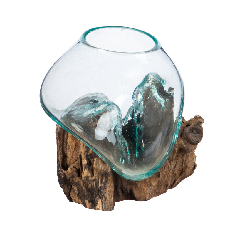 Evergreen Deck & Patio Decor,Small Glass Planter on Driftwood,7x6x6 Inches
