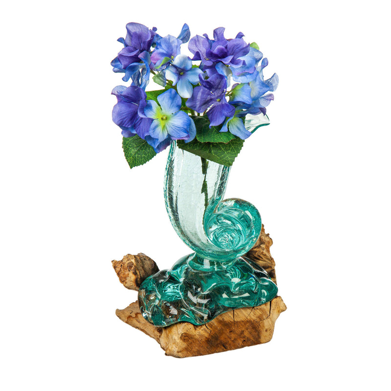 Evergreen Deck & Patio Decor,Glass Shell Vase On Driftwood,10x6.5x7.5 Inches