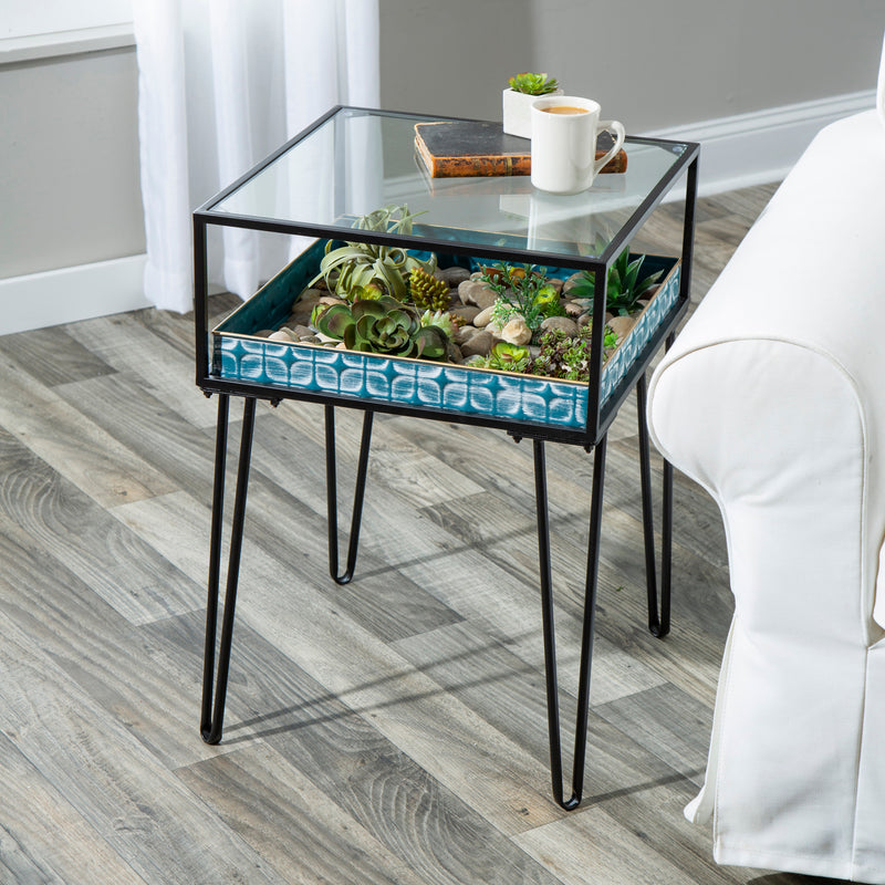 Metal Table with Glass Top and Teal Metal Planter Dish,8ssm110