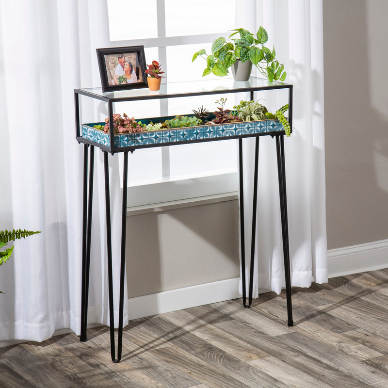 Evergreen Deck & Patio Decor,Metal Table with Glass Top and Teal Metal Planter Dish,31.9x12x35 Inches