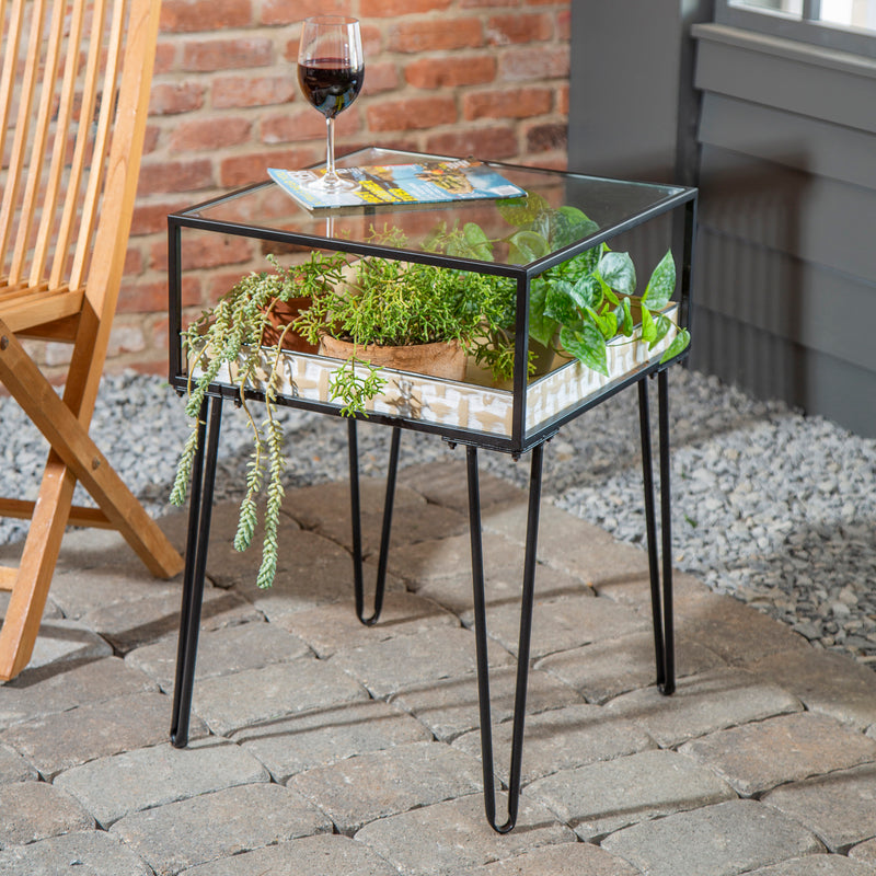 Metal Table with Glass Top and Gold Metal Planter Dish,8ssm116