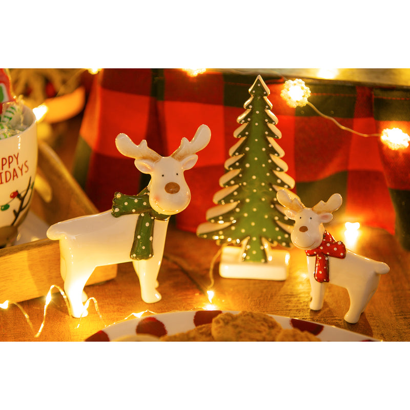 Ceramic Tabletop Décor, Set of 3, Large Reindeer, Small Reindeer, and Tree