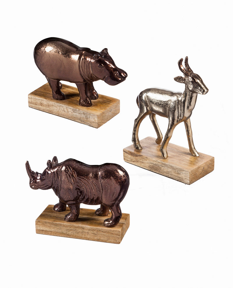 Evergreen Decorative Animals on wooden base, 3 Assorted,  Gazelle, Hippo, and Rhino, 2.8'' x 9.5'' x 6.3'' inches