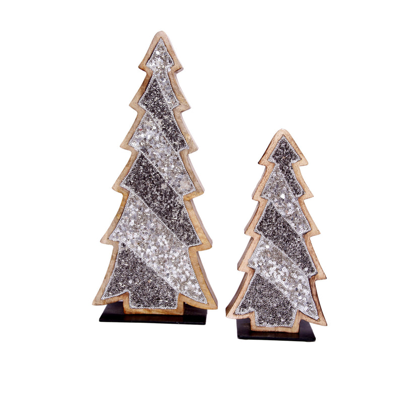 Wood Tree with Silver Sequins and Metal Base, Set of 2,8tam319