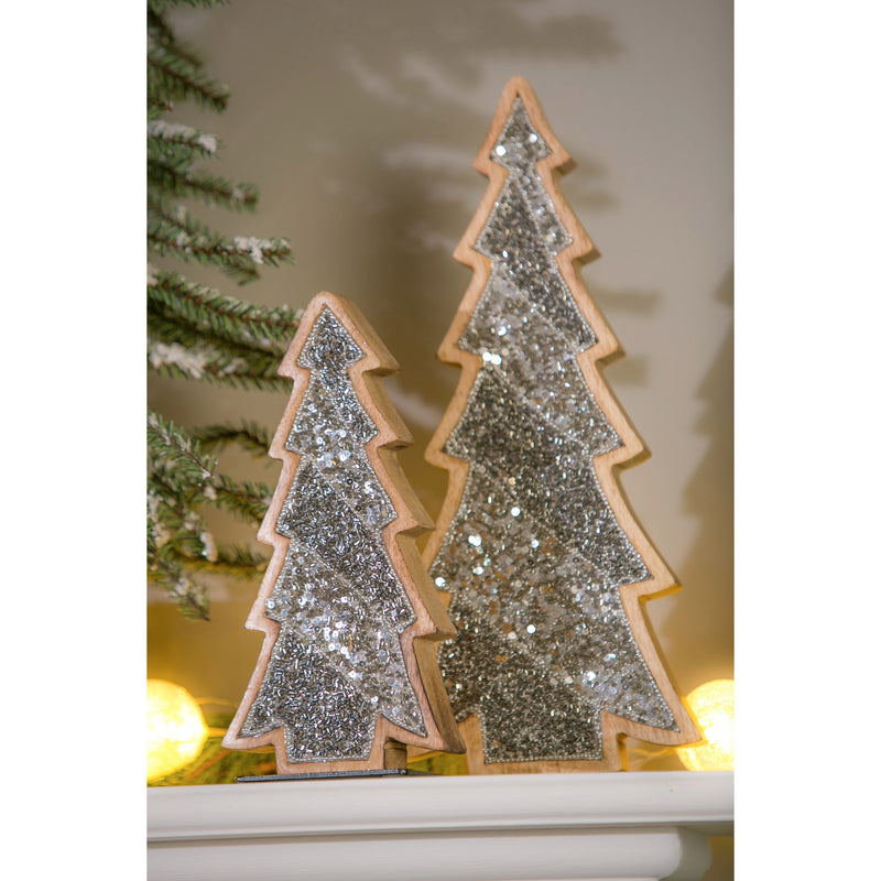 Wood Tree with Silver Sequins and Metal Base, Set of 2,8tam319
