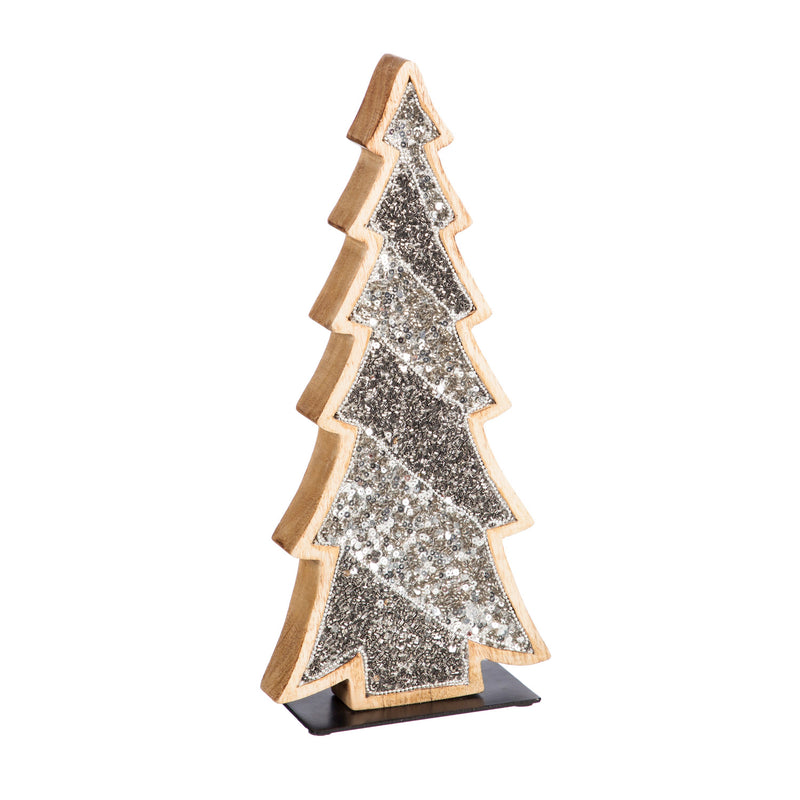 Wood Tree with Silver Sequins and Metal Base, Set of 2,8tam319