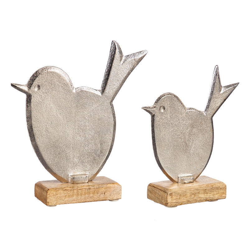 Metal Bird with Wood Base Tabletop Decoration, Set of 2, 7.3'' x 2'' x 8'' inches