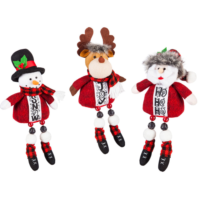 Evergreen Plush Sitting Long Legs Reindeer, Santa, & Snowman Decor, 3 Assorted, 4.5'' x 3'' x 8'' inches