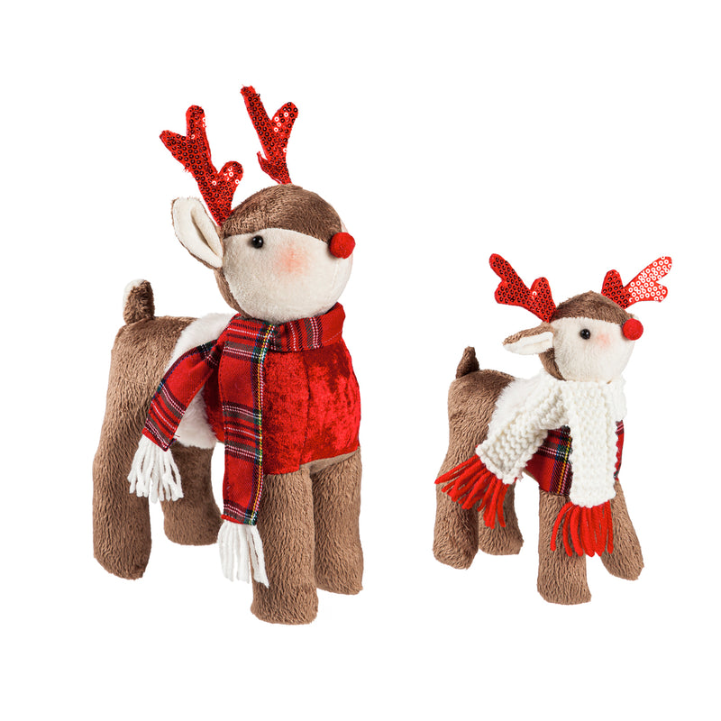 Plush Deer in Scarf Table Décor, Set of 2, 4.25"x7"x13.5"inches