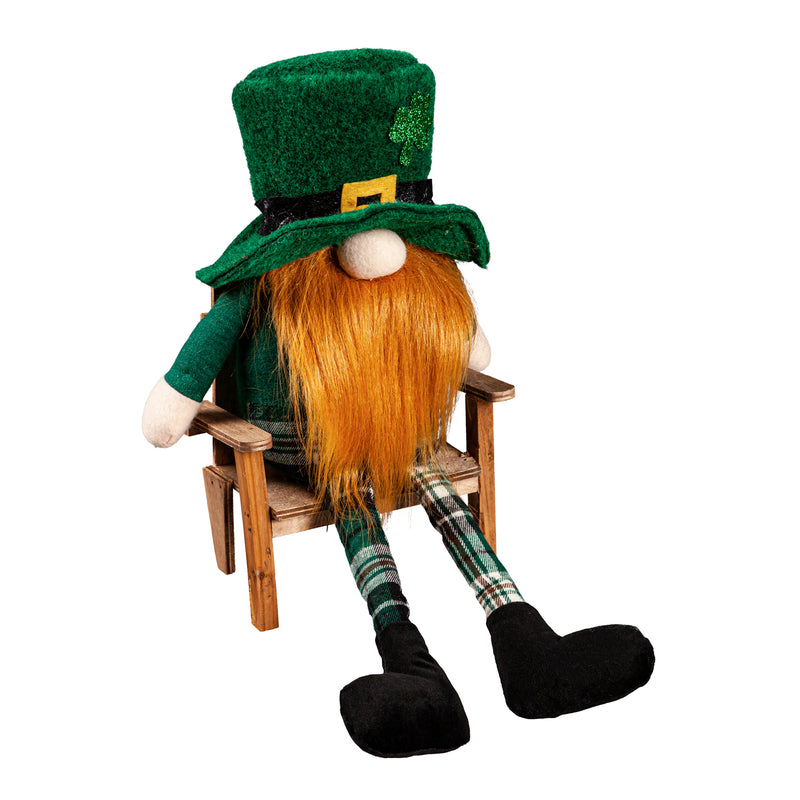 LED Plush St. Patrick's Day Gnome with Wooden Chair Table Décor, 7"x7"x12.5"inches