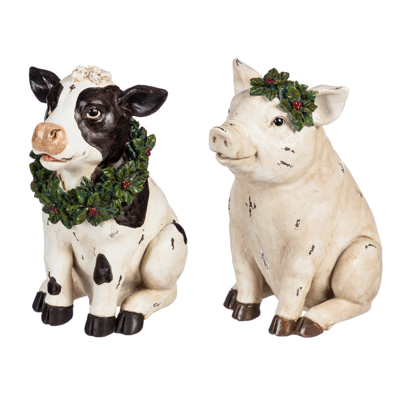 Farm Animal with Wreath Tabletop Decor, 2 Ast: Pig/Cow