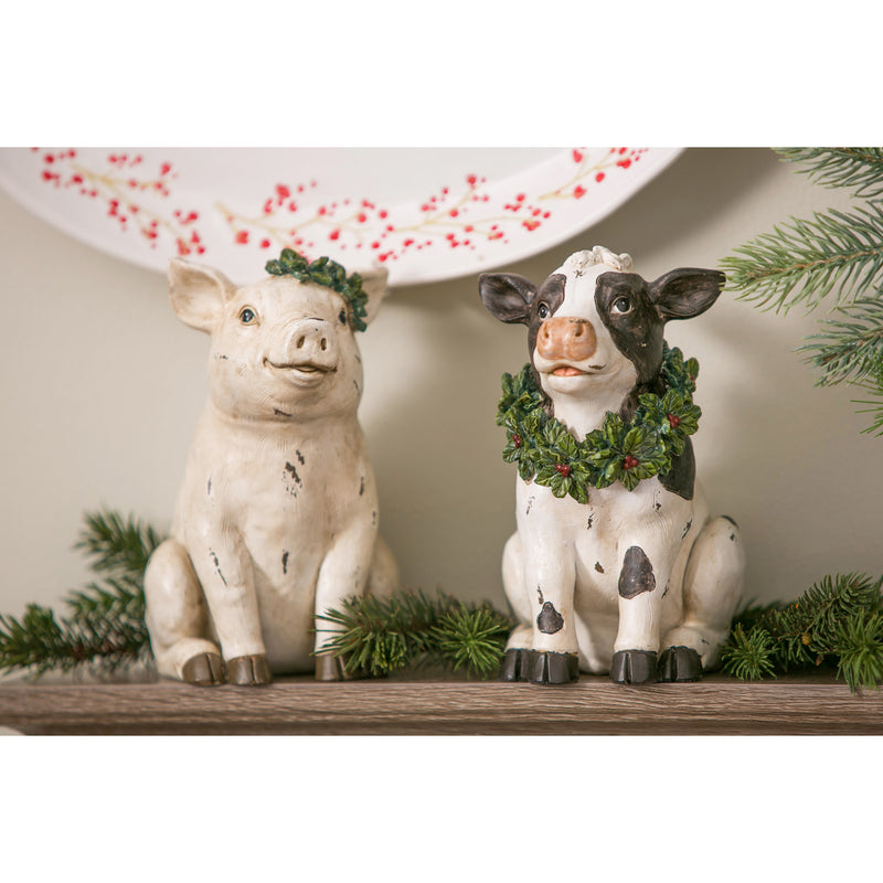 Farm Animal with Wreath Tabletop Decor, 2 Ast: Pig/Cow