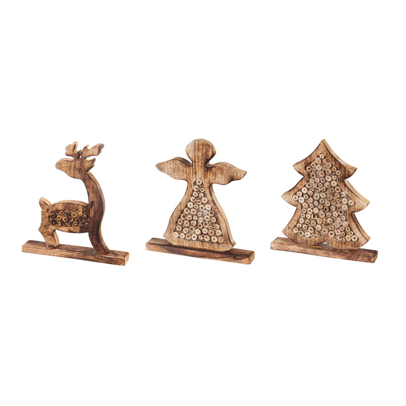 Wood Tabletop Décor: Angel/Deer/Christmas Tree, 3 Assorted, 9'' x 1.5'' x 9.8'' inches